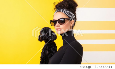 Hyper-realistic fashion portrait of a stylish woman with a poodle against a surreal yellow-and-white New York City backdrop, inspired by modern art and editorial design. 128552234