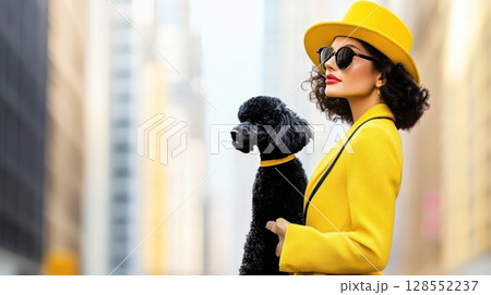 High-resolution fashion concept of a chic woman holding a poodle, wearing futuristic eyewear and standing before a graphic yellow-and-white striped backdrop in NYC. High-resolution fashion concept of a chic woman holding a poodle, wearing futuristic eyewear and standing before a graphic yellow-and-white striped backdrop in NYC. 128552237