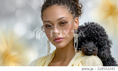 Futuristic fashion portrait of a stylish woman with a black poodle, wearing sunglasses and a black turtleneck in NYC, with bold yellow and white striped background. 128552241