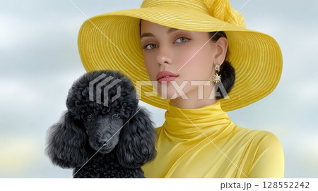 Futuristic fashion portrait of a stylish woman with a black poodle, wearing sunglasses and a black turtleneck in NYC, with bold yellow and white striped background. 128552242