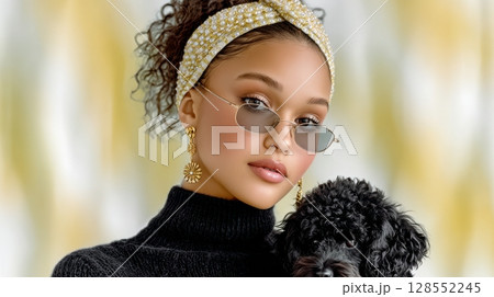 Elegant street fashion scene with black and gold details, featuring a woman and dog against a bold striped cityscape in vibrant op art design. 128552245