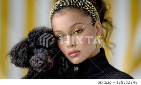 Fashion portrait of a woman and her poodle in front of graphic NYC buildings, styled in modern minimalism with yellow background and high contrast. 128552248