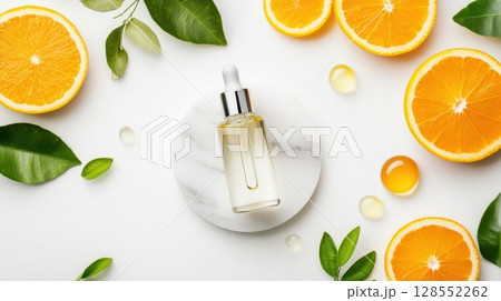 Editorial flat lay of a bright, clean skincare setup with citrus elements and fresh textures, emphasizing purity and modern natural beauty. Editorial flat lay of a bright, clean skincare setup with citrus elements and fresh textures, emphasizing purity and modern natural beauty. 128552262