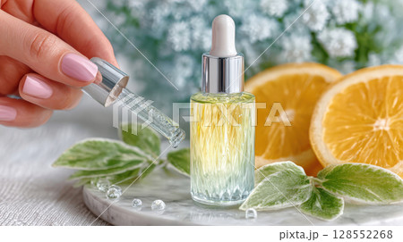 Flat lay of skincare serum bottle with citrus slices, green leaves, and gel drops on a white textured background in spa-inspired beauty scene Flat lay of skincare serum bottle with citrus slices, green leaves, and gel drops on a white textured background in spa-inspired beauty scene 128552268