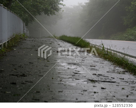 雨上がりの歩道と霧に包まれた風景 静けさと空気感を感じる一枚 雨上がりの歩道と霧に包まれた風景 静けさと空気感を感じる一枚 128552330