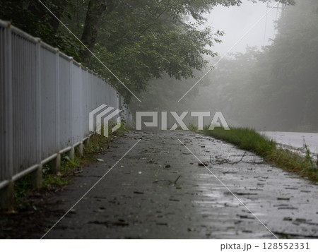 白い柵と霧の中の歩道 静寂と空気感をとらえた自然風景 白い柵と霧の中の歩道 静寂と空気感をとらえた自然風景 128552331