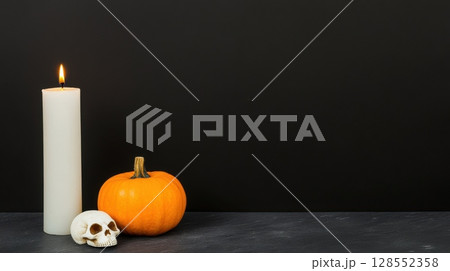 Moody Halloween background with single creepy objects in minimalist style. 128552358