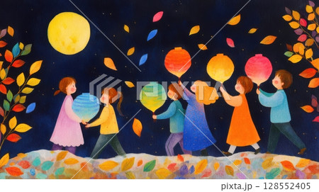 Warm and joyful autumn night with falling leaves and cultural celebration. 128552405