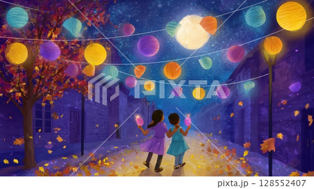 Children celebrating Mid-Autumn Festival with glowing paper lanterns on festive streets. 128552407