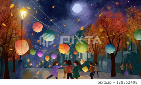 Children holding colorful paper lanterns walking through decorated night street, glowing moon above, autumn leaves falling 128552408