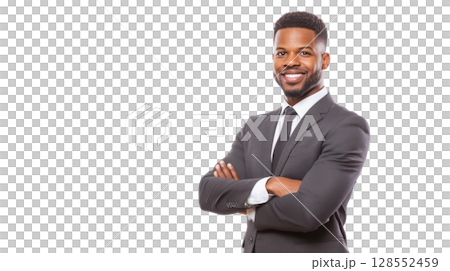 Afro male executive in suit with confident posture, standing against a white background - perfect for business, leadership, and corporate visuals. 128552459
