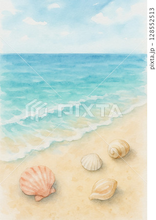 砂浜と波と貝殻の水彩イラスト　夏の海辺の爽やかな風景 128552513