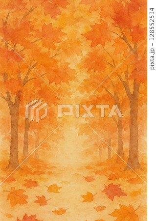 紅葉の並木道　秋色に染まる水彩風景イラスト 128552514
