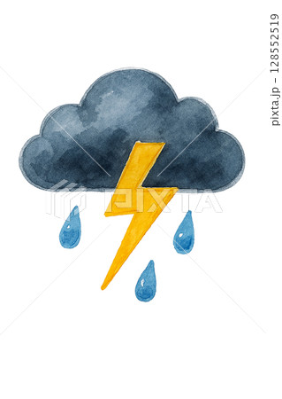雷と雨の天気アイコン 水彩風の黒い雲と稲妻イラスト素材 雷と雨の天気アイコン 水彩風の黒い雲と稲妻イラスト素材 128552519
