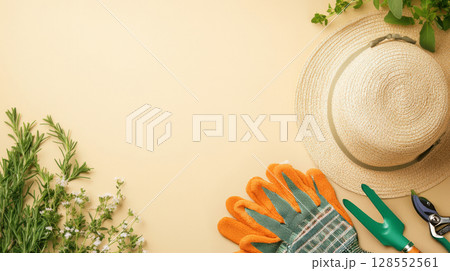 Aesthetic gardening essentials styled for slow outdoor living visuals. 128552561