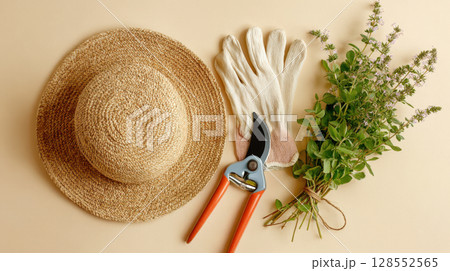 Gardening flatlay with straw hat, linen gloves and fresh herbs isolated on beige. 128552565
