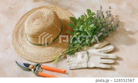 Woman straw gardening hat, linen gloves, pruning scissors, and fresh herbs isolated on soft beige background 128552567
