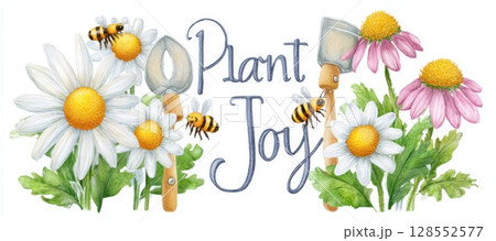 Cheerful floral wreath with bees and handwritten quote Plant Joy. Elegant watercolor design with botanical elements for greeting cards, posters, wall art, and seasonal branding. 128552577