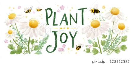 Cheerful floral wreath with bees and handwritten quote Plant Joy. Elegant watercolor design with botanical elements for greeting cards, posters, wall art, and seasonal branding. 128552585