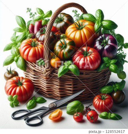 Minimalist food flatlay with rustic garden harvest elements. 128552617