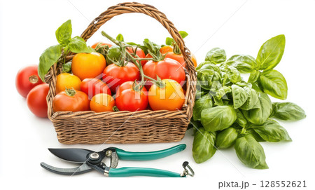 Isolated basket with heirloom tomatoes and basil for garden-to-table visuals. 128552621