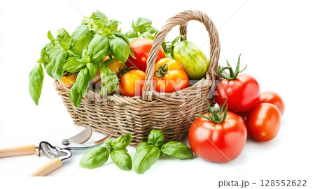 Isolated basket with heirloom tomatoes and basil for garden-to-table visuals. 128552622