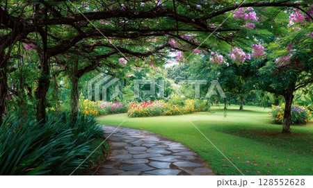 Vivid landscape of a tropical garden with flowering trees, curved paths, and green grass, creating a romantic, tranquil summer scene. Vivid landscape of a tropical garden with flowering trees, curved paths, and green grass, creating a romantic, tranquil summer scene. 128552628