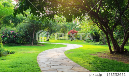 Serene botanical garden with a curved stone path beneath flowering trees, tropical blooms, and lush greenery - ideal for nature, travel, or relaxation themes. 128552631