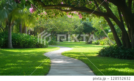 Serene botanical garden with a curved stone path beneath flowering trees, tropical blooms, and lush greenery - ideal for nature, travel, or relaxation themes. 128552632