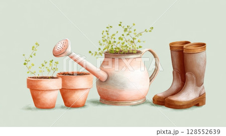 Garden lifestyle elements isolated on green background with cozy soft tones. Garden lifestyle elements isolated on green background with cozy soft tones. 128552639