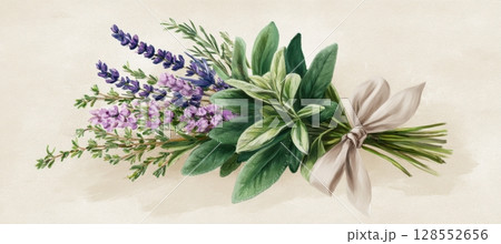 Hand-Drawn Herbal Bouquet of Lavender, Thyme, Sage, and Rosemary with Linen Ribbon on Cream Background 128552656
