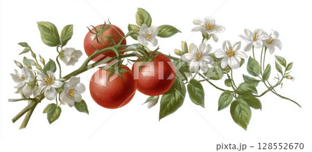 Vintage heirloom tomato vine with ripe red fruit and delicate white blossoms, captured in a rustic garden atmosphere. Vintage heirloom tomato vine with ripe red fruit and delicate white blossoms, captured in a rustic garden atmosphere. 128552670