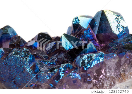 Macro mineral stone Titanium Quartz, Flame Aura Quartz on a white background 128552749