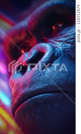 Realistic gorilla portrayal glowing under neon illumination, blending primal essence with futuristic lighting design Realistic gorilla portrayal glowing under neon illumination, blending primal essence with futuristic lighting design 128552874