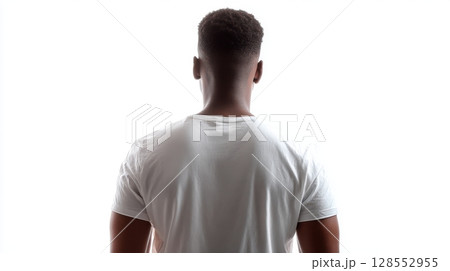 Back view of a man in a plain white t-shirt standing against a white background, perfect for apparel mockups and clothing design templates. 128552955