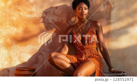 Earthy fashion editorial featuring crochet textures, handcrafted pottery, and dusty sunlight. 128552971