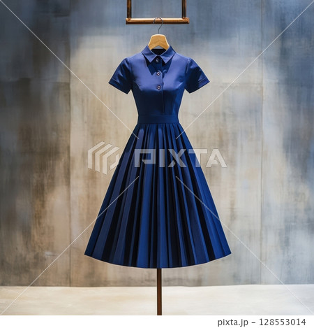 Vintage-inspired indigo dress with dramatic silhouette and couture details, photographed under ambient lighting for a refined fashion presentation. 128553014