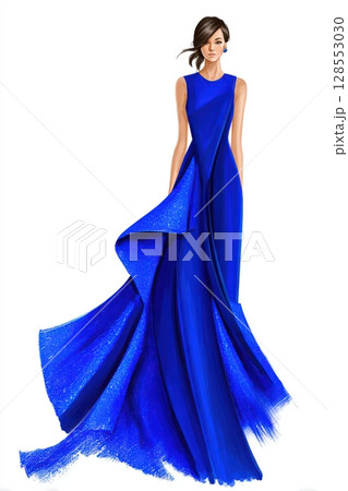 Cobalt fashion illustration with dynamic design lines and modern silhouette, perfect for use in fashion portfolios or editorial visuals. 128553030