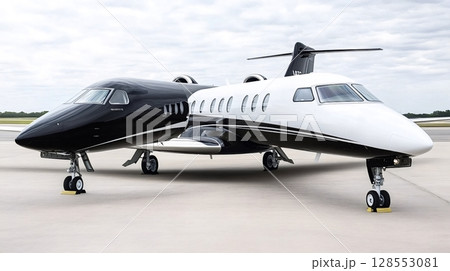 Two private jets parked on tarmac awaiting passengers 128553081