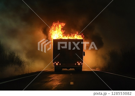 Burning truck trailer creating a fire hazard on the road at night 128553082