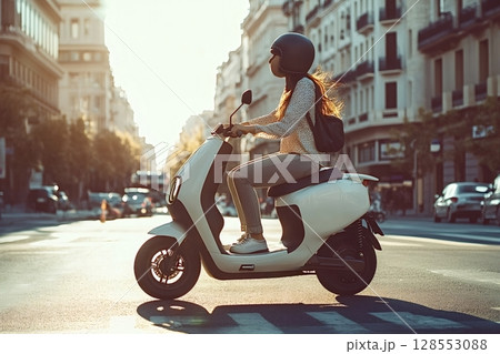 Young woman riding electric scooter in city center at sunset Young woman riding electric scooter in city center at sunset 128553088