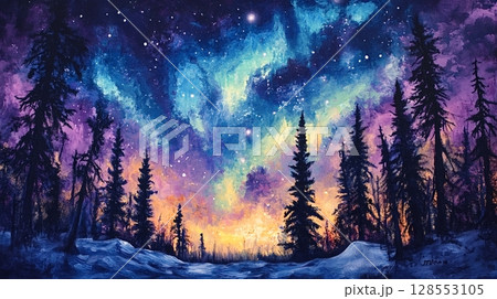 Vibrant northern lights illuminating winter forest painting 128553105