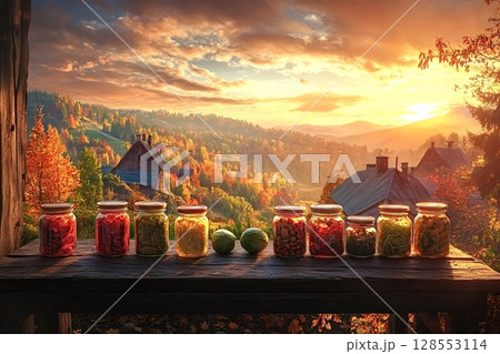 Preserving the autumn harvest: jars of food displayed on a rustic table  128553114