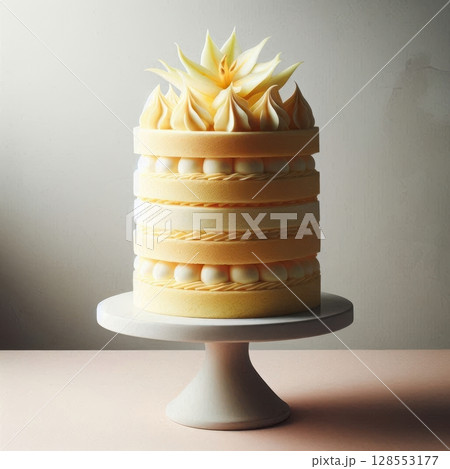 Tall sponge cake with tropical starfruit cream and delicate whipped topping, softly styled with natural light and pastel tones. 128553177