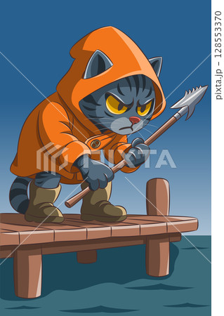 Cat fisherman with harpoon on pier vector illustration 128553370