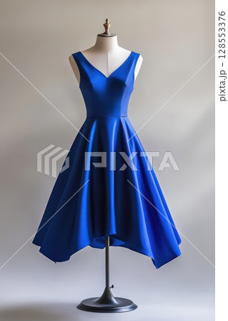 Sleeveless couture dress in rich blue fabric with vertical seam detailing, perfect for eveningwear editorials or boutique displays. 128553376