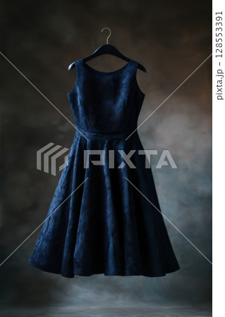 Vintage-inspired indigo dress with dramatic silhouette and couture details, photographed under ambient lighting for a refined fashion presentation. 128553391