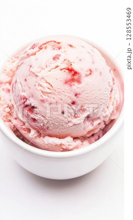 Strawberry ice cream scoop with real fruit swirls in a white ceramic bowl, isolated on white background with soft lighting and high-resolution texture. 128553469