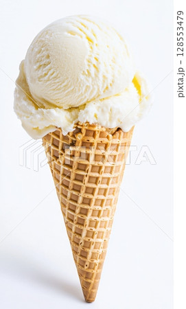 Tasty summer treat - vanilla ice cream cone with creamy texture and crispy edge, minimalist layout for product or banner use. 128553479