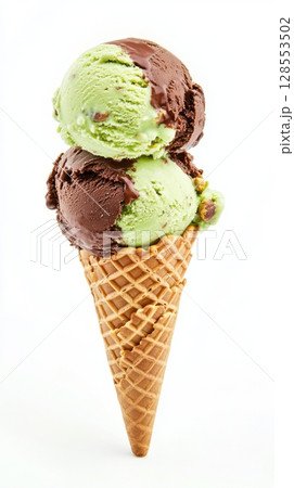 Bold combination of chocolate and pistachio ice cream on a cone, clean isolation on white with rustic shadows and handcrafted texture. 128553502